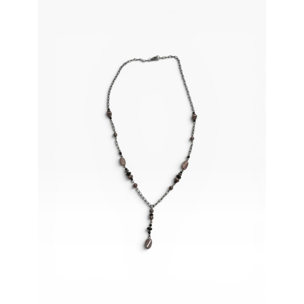 Y Drop Lariat Necklace Women 25in Mauve Black Stone Silver Tone Chain - Picture 2 of 7